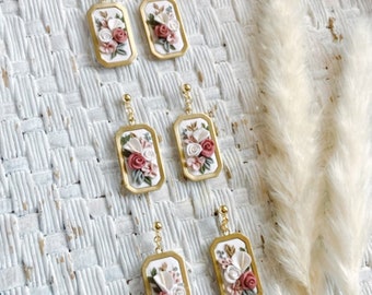 Handmade Polymer Clay Floral Earrings, Boho Brass Dangles