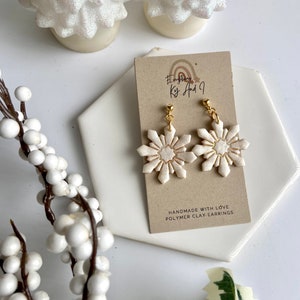 Snowflake dangle clay earrings / with gold dusted accent / Handpainted / ball post / Holiday earrings / winter / Christmas earrings /