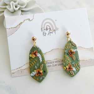 Springtime earrings / spring floral earrings / green floral earrings / boho handmade clay jewelry/ gifts for her