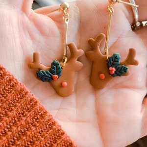 Holiday Clay earrings / Reindeer dangle earrings / Rudolph earrings / Holiday earrings / Christmas earrings / polymer clay jewelry / boho