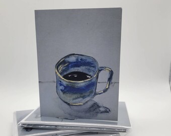 Coffee mug notecard, blue and gold