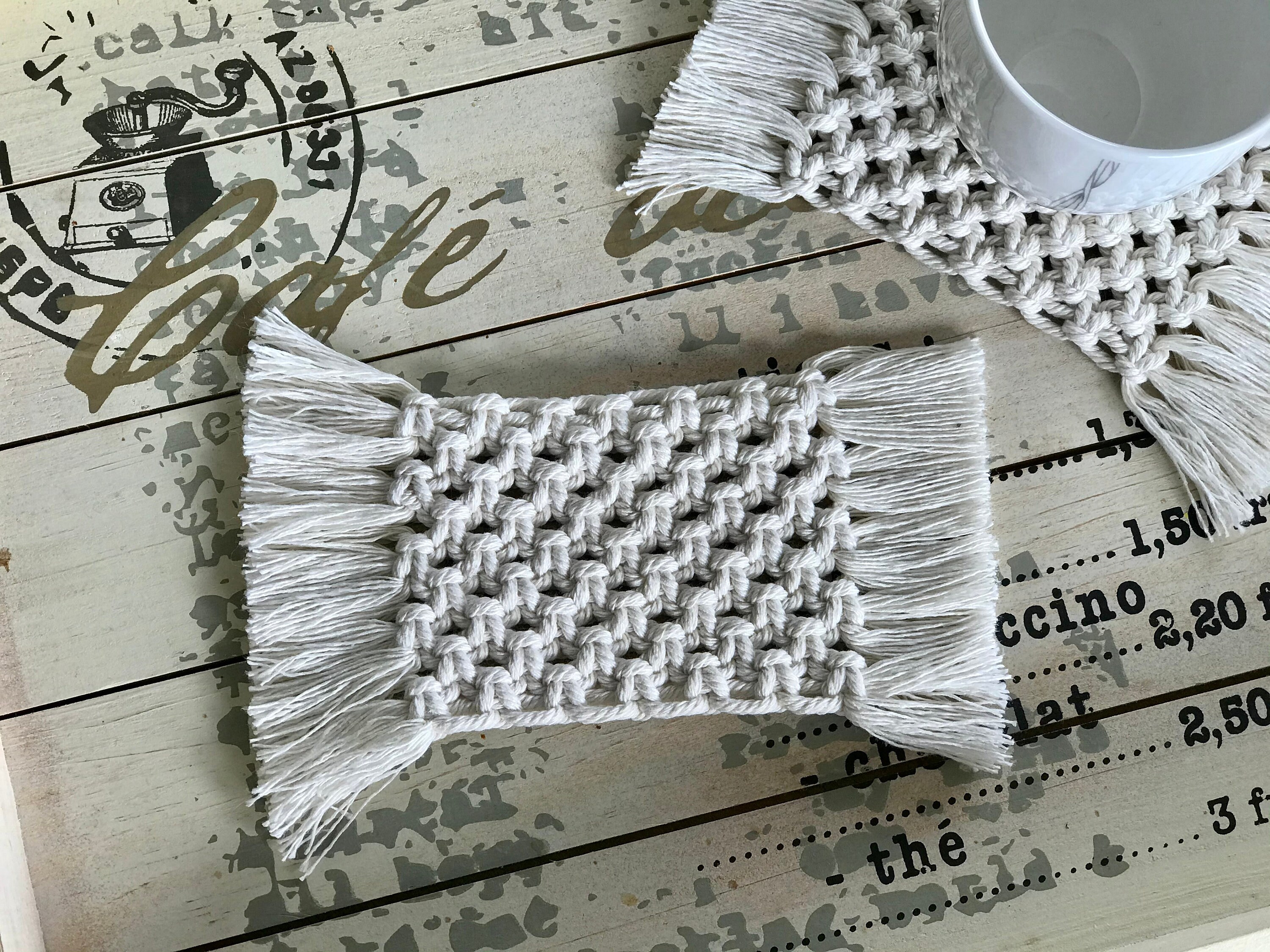 Sous-Verre/Dessous de Verre en Macramé Beige - Lot 2 Rectangulaires