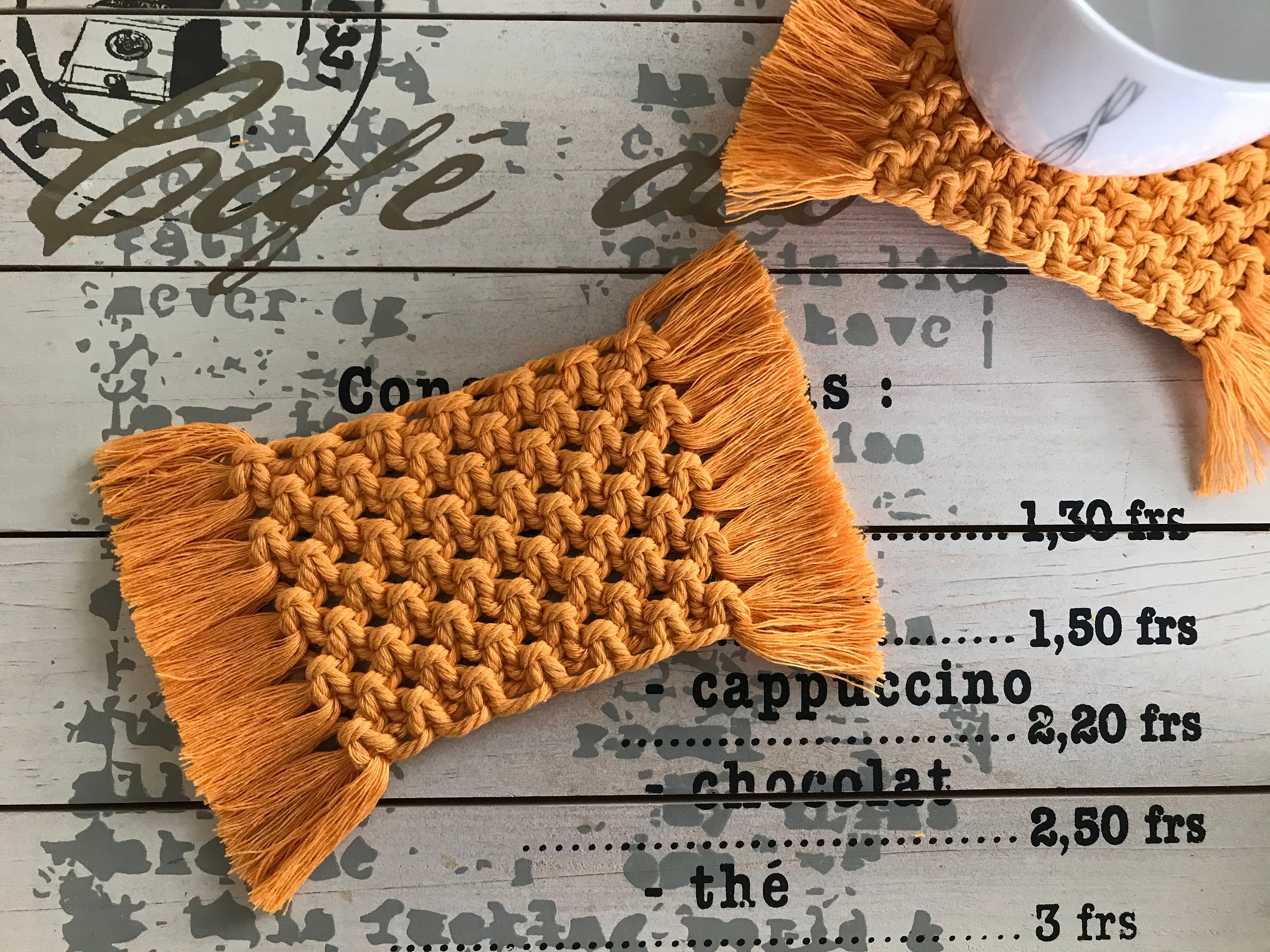 Sous-Verre/Dessous de Verre en Macramé Jaune Orangé - Lot Rectangulaires