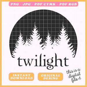 Può includere: Un design digitale in bianco e nero con un cerchio che presenta una silhouette di una foresta e la parola "twilight" sotto. Il design è disponibile per il download immediato ed è un design originale.