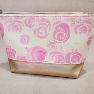 Watercolor Roses Cosmetic Bag: Faux Leather Zipper Pouch image 5
