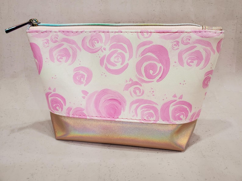 Watercolor Roses Cosmetic Bag: Faux Leather Zipper Pouch image 5