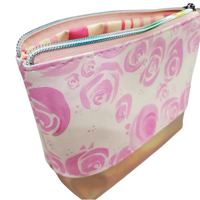 Watercolor Roses Cosmetic Bag: Faux Leather Zipper Pouch image 1