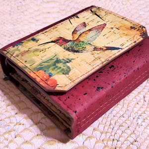 Hummingbird Wallet gift for women, Handmade Mini Triskele Cork Wristlet Wallet Hummingbird cranberry red. ID holder wallet