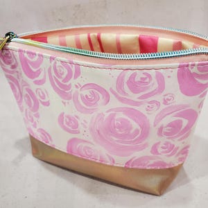 Watercolor Roses Cosmetic Bag: Faux Leather Zipper Pouch image 4