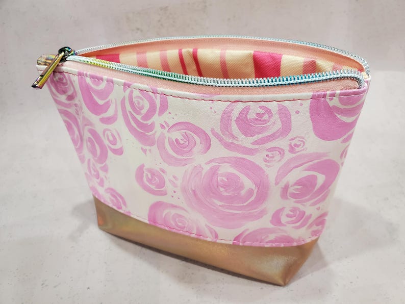 Watercolor Roses Cosmetic Bag: Faux Leather Zipper Pouch image 4