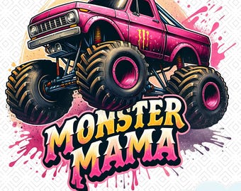 Könnte beinhalten: Illustration eines pinkfarbenen Monstertrucks mit übergroßen Reifen und dem Text "MONSTER MAMA" in einer stilisierten Schriftart. Der Truck hat ein gelb-rosa Farbschema mit einem Spritzeffekt-Hintergrund. Das Bild ist eine PNG-Datei.