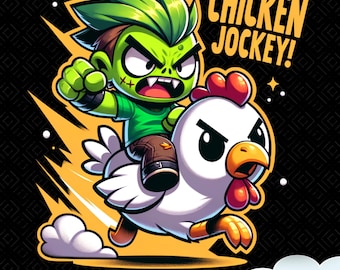 May include: A cartoon illustration of a green-skinned character riding a white chicken. The character is wearing a green shirt and brown pants, with the text "CHICKEN JOCKEY!" above. The image has a black background.