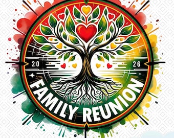 May include: Circular graphic with a tree design, red heart, and green leaves, surrounded by a red, yellow, and green border. The words "FAMILY REUNION" are in white, and the numbers "20 26" are on the sides. The text "JUNETEENTH/BHM FAMILY REUNION" is at the bottom.