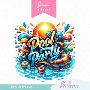 May include: A colourful graphic with the words "Pool Party" in a stylized font, surrounded by water splashes, a sun, and a life preserver. The image includes the text "Summer clipart" and "Pool Party PNG".