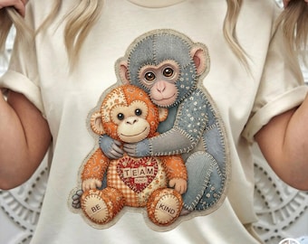 Team Punch Monkey PNG, download digitale di scimmietta di peluche Be Kind, illustrazione patchwork ispirata a una scimmietta virale, simpatico supporto emotivo