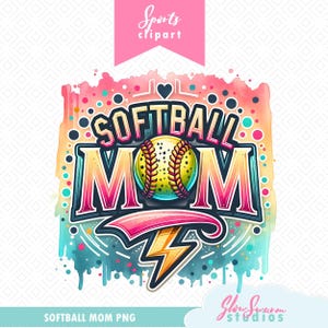 May include: A colorful graphic design featuring the words "SOFTBALL MOM" with a softball in the center. The design includes a pink banner that says "Sports clipart" and a lightning bolt. The background has watercolor paint splatters.