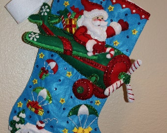 Airplane Santa Finished Bucilla Christmas Stocking Made to Order