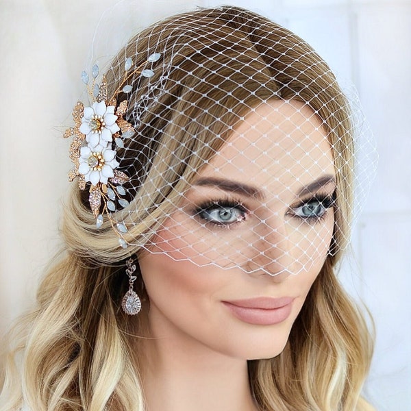 Wedding Birdcage Veil, Bridal Bird Cage Crystal Veil,  Bridal Fascinator Headpiece, White Ivory Black Veil, Veil for Modern Bride