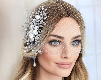 Birdcage Veil, Wedding Bird Cage Veil, Crystal Pearl Bridal Comb, Wedding Headpiece, White Ivory Pink Veil, Veil for Modern Bride