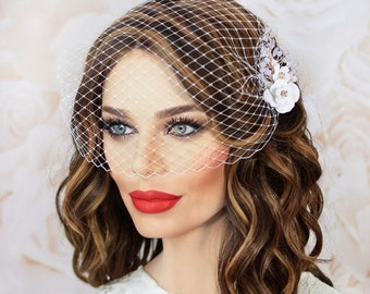 Birdcage Veil with Bridal Crystal Hair Comb, Bridal Hair Piece, Wedding Veil, Short Blusher Veil, Small Veil, Accessories for Modern Bride