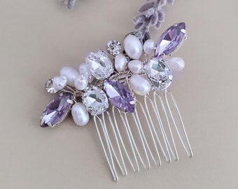Purple Pearl Bridal Hair Comb, Lavender Headpiece for Bride, Bridesmaids, Wedding, Prom, Natural Pearl Hairpiece, Bridesmaid Gift