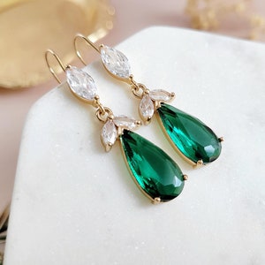 Emerald Earrings, Green Crystal Earrings for Bride,Bridesmaids, Gold Earrings for Nature Wedding, Long Dangle Earrings for Gift