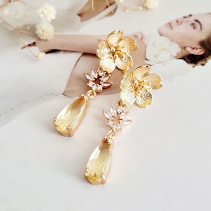 Yellow Flower Earrings for Bride, Gold Crystal Earrings for Bridesmaids, Bridal Floral Earrings for Wedding, Gift, Yellow Jewelry
