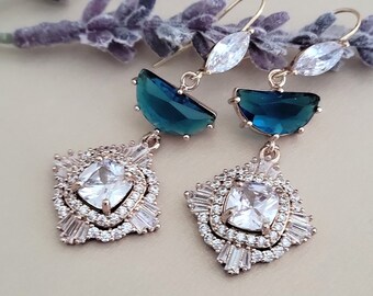 Blue Earrings Weddings, Sapphire Bridal Earrings,Gold Statement Earrings for Brides,Bridesmaids, Handmade Art Deco  Earrings, Blue Jewelry