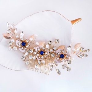 Sapphire Crystal Wedding Hair Comb for Bride, Bridesmaids, Blue Rhinestone Bridal Comb, Gold Wedding Hair Comb, Blue Crystal Pearl Headpiece