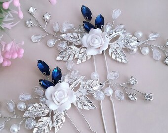 Bridal Sapphire Blue Crystal Pin, Blue Floral Pearl Hair Pin, Clay Roses Silver Wedding Hair Accessories, Green, Red Bridesmaid Pins