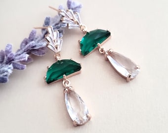Green Art Deco Gold Earrings for Brides, Emerald Crystal Boho Earrings for Bridesmaids, Vintage Earrings for Wedding, Gift for Mom, Mother
