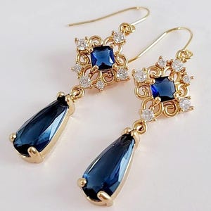Something Blue Earrings for Bride, Bridesmaids, Vintage Earrings for Wedding, Bridal Gold Earrings, Blue Sapphire Earrings, Gift Jewelry
