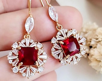 Ruby Red Earrings, Gold Plated Earrings for Bride, Bridesmaids, Earrings for Wedding, Red Festive Earrings, Red Bridal Jewelry, Gift for Her