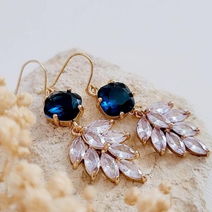 Blue Sapphire Bridal Earrings, Floral Jewelry for Bride, Leaf Bridesmaids Earrings for Wedding, Bridal Party Earrings, Gift for Her, Mom