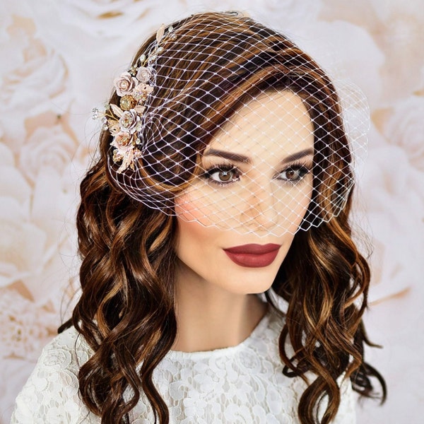 Birdcage Veil, Gold Blush Champagne Comb, Blusher Bridal Bird Cage Veil, Small Veil, Short Veil, Wedding Veil, Bridal Headpiece Accessories