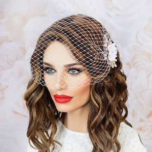 Bridal Birdcage Veil, Floral Wedding Bird Cage Veil, Small Bridal Veil, Elegant Blusher Veil, Wedding Veil for Bridal Shower