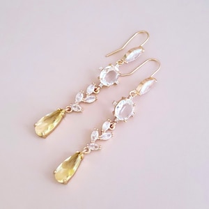 Yellow Earrings for Bride, Gold Crystal Earrings for Bridesmaids, Bridal Earrings for Wedding, Long Dangle Earrings for Gift, Yellow Jewelry