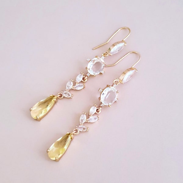 Yellow Earrings for Bride, Gold Crystal Earrings for Bridesmaids, Bridal Earrings for Wedding, Long Dangle Earrings for Gift, Yellow Jewelry