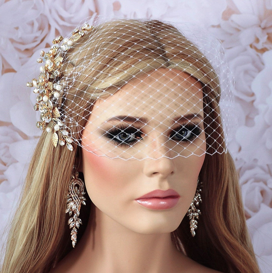 Bridal Birdcage Veil Wedding Bird Cage Veil Gold Crystal Etsy