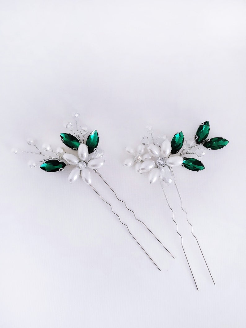 Emerald Green Wedding 2 Hair Pins Set Bridal Pearl Headpiece Etsy