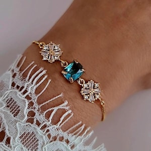 Blue Bracelet, Aqua Blue Jewelry for Bride, Bridesmaids, Adjustable Gold Wedding Bracelet, CZ Crystal Bridal Jewelry, Gift for Her, Mom