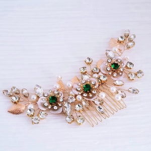 Green Bridal Hair Comb,Emerald Rhinestone Wedding Head Piece for Bride,Gold Wedding Headpiece, Blue, Green Bride Bridesmaid Jewelry