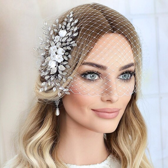 White Bridal Birdcage Veil Hair Feather accessory and pearl pins For Wedding Feather Bridal Hair Fascinator: White Birdcage Veil, Wedding  main image 2
