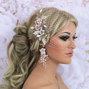 Birdcage Veil, Gold Blush Champagne Comb, Blusher Bridal Bird Cage Veil, Small Veil, Short Veil, Wedding Veil, Bridal Headpiece Accessories