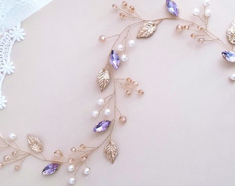 Lavender Leaf Bridal Hair Vine for Wedding,Purple Hair Accessories for Bride, Bridesmaids,Pearl Bridal Headpiece, Floral Gold Headband Crown