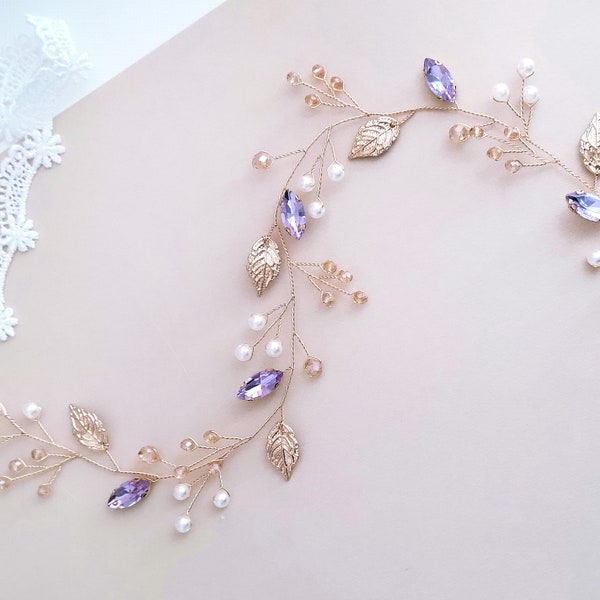 Lavender Leaf Bridal Hair Vine for Wedding,Purple Hair Accessories for Bride, Bridesmaids,Pearl Bridal Headpiece, Floral Gold Headband Crown