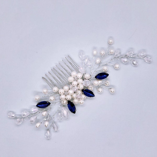 Sapphire Blue Bridal Comb,Blue Crystal Headpiece for Wedding,Prom,Pearl Comb Hairpiece,Blue, Green, Red Head Piece for Bride,Bridesmaids