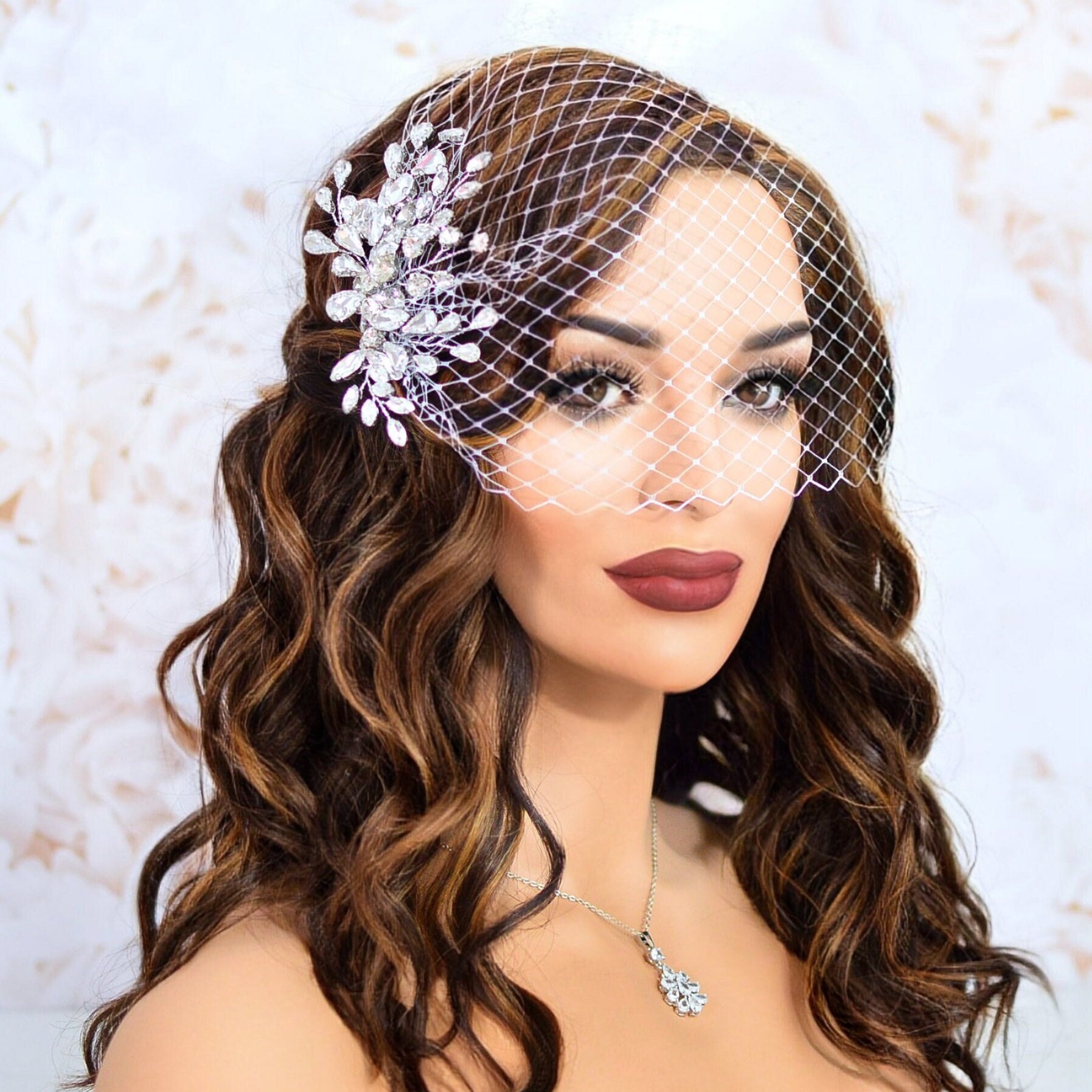 Petite Birdcage Veil Hair Comb - CELESTYN Nestina Accessories Bridal Bridal birdcage headband veil, plain - Style #2350 main image 4