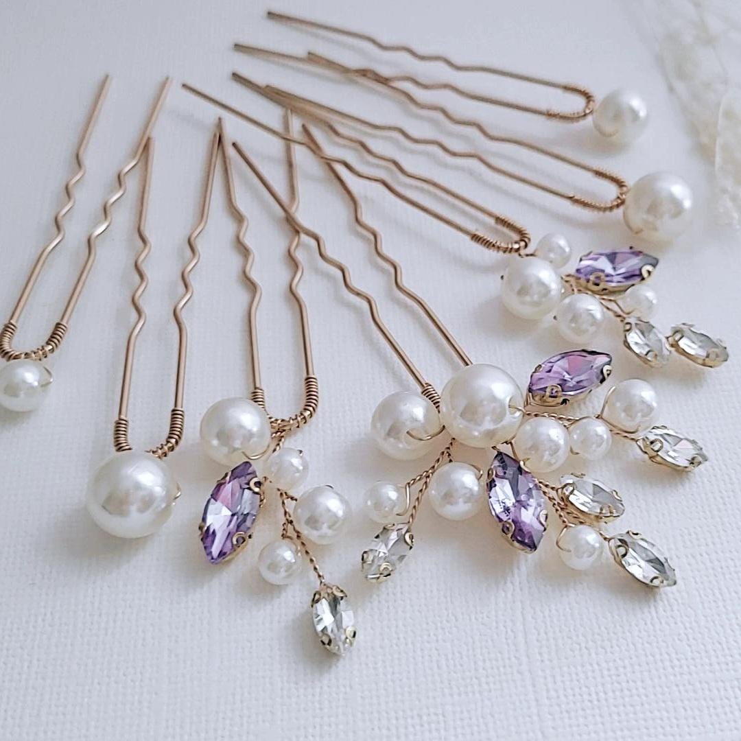 Lavender Bridal 7 Pearl Hair Pins Set, Gold Leaf Wedding  display picture 1