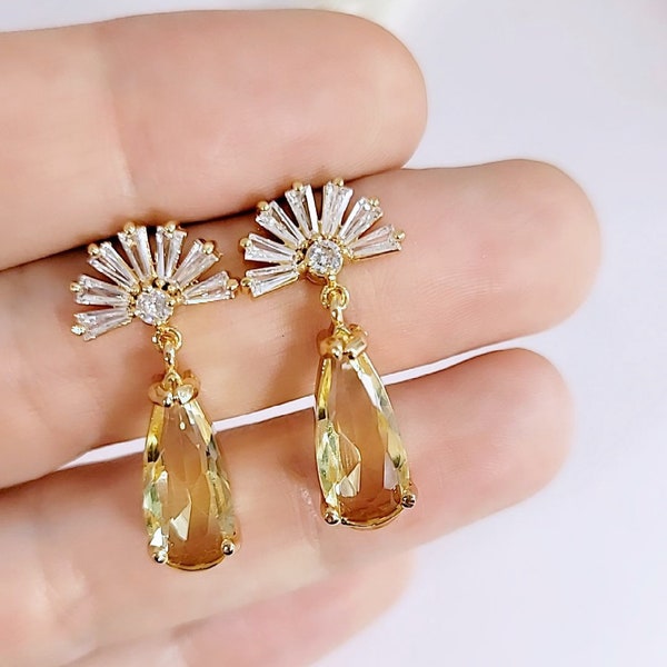 Yellow Crystal Earrings, Gold Dangle Earrings for Bride, Bridesmaids, Handmade in Texas, Yellow Earrings for Gift, Yellow Jewelry